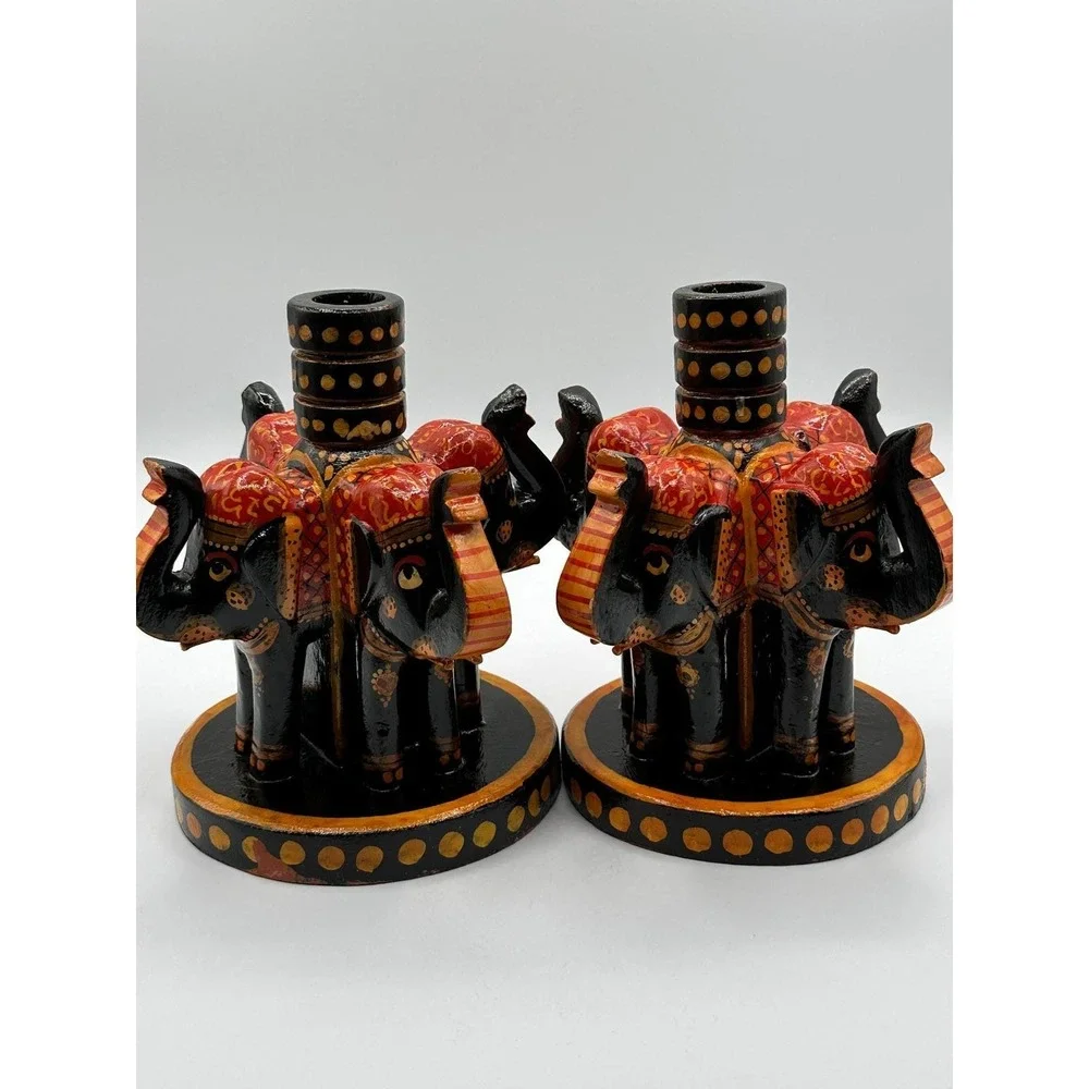 Vintage Boho Hand-Painted Elephant Wooden Candle Holders Set